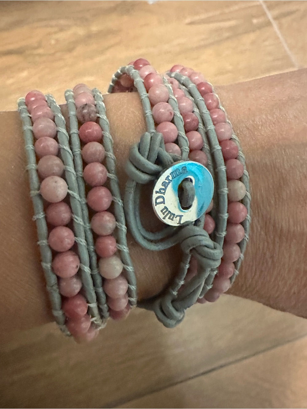 Lulu Dharma Pink Beaded Wrap Bracelet - Multi-Strand Grey strap